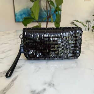 COACH Occasion Collection Sequin Large Clutch 44460 Black Foldover Evening Bag